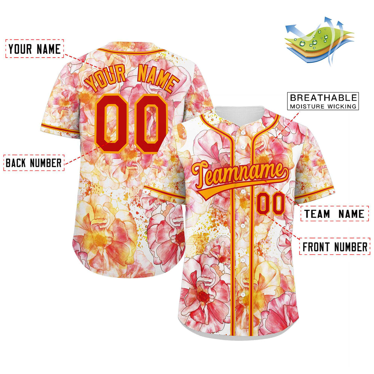 Custom Red Yellow-Red Graffiti Pattern Authentic Flower Baseball Jersey