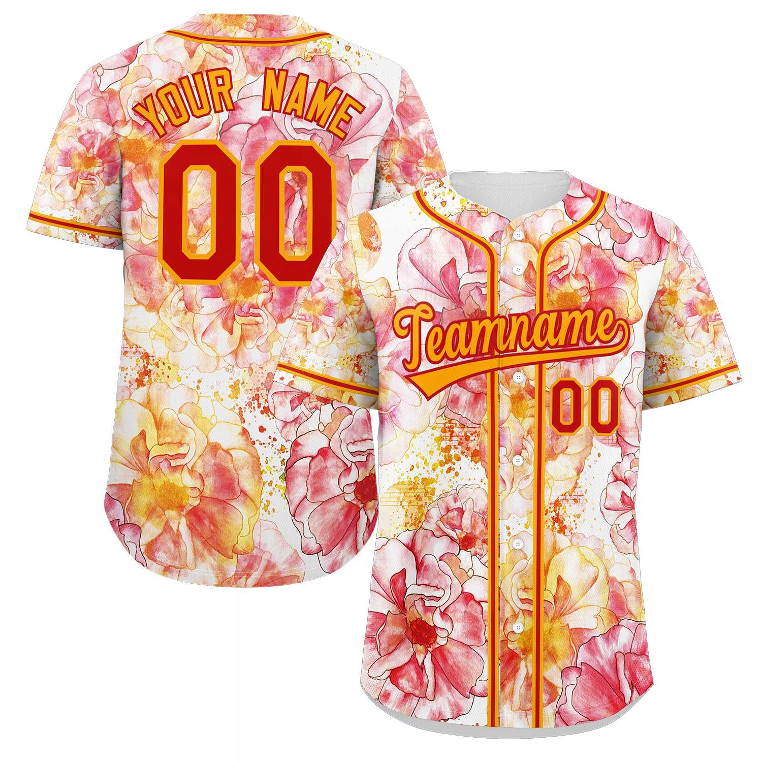 Custom Red Yellow-Red Graffiti Pattern Authentic Flower Baseball Jersey