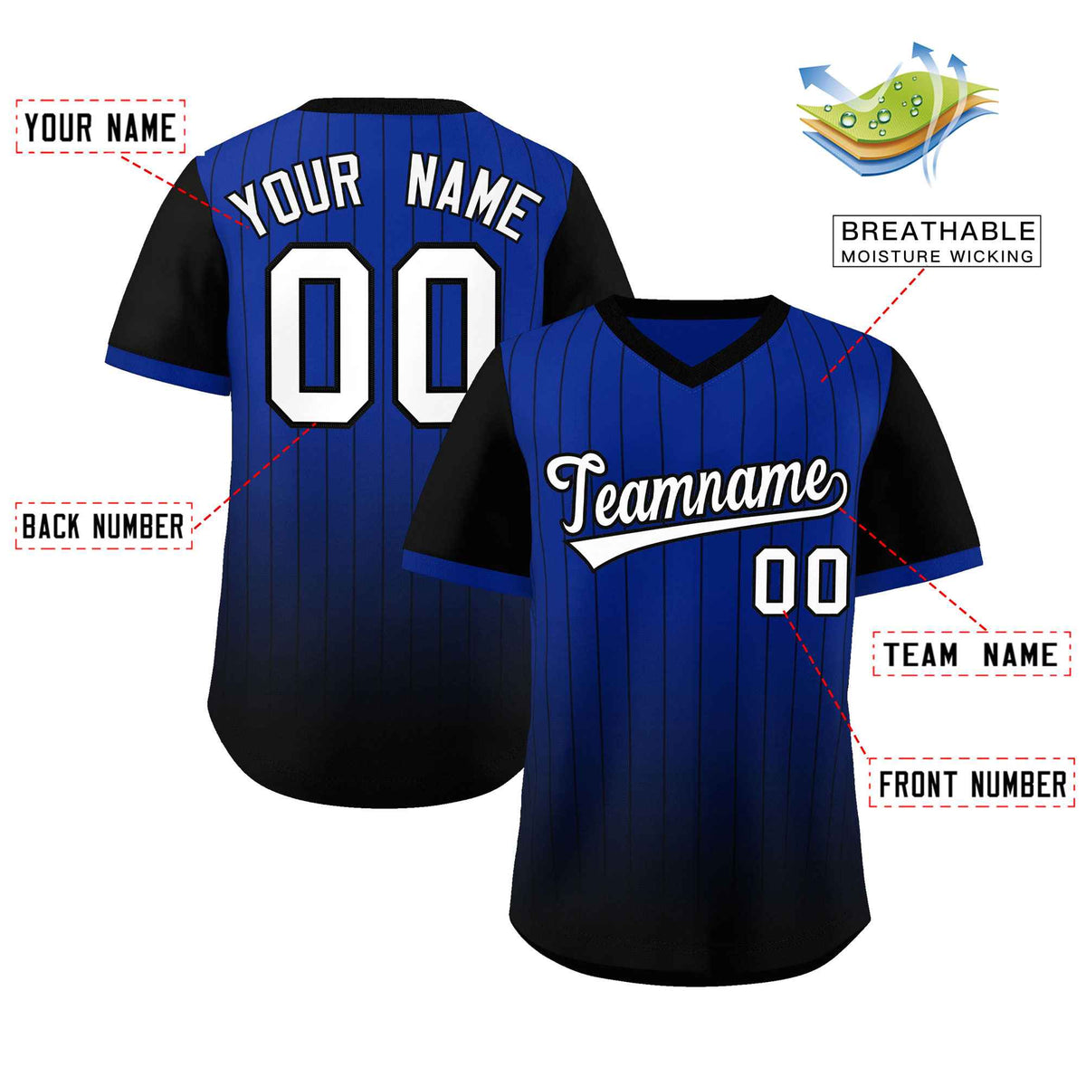 Custom Royal Black-White Gradient Fashion Authentic Pullover Pinstripe Baseball Jersey