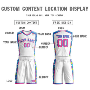 Custom White Powder Blue-Pink Graffiti Pattern Sets Lightning Basketball Jersey