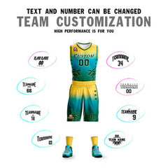 Custom Yellow Blue-Aqua Gradient Fashion Coconut Palm Pattern Sports Uniform Basketball Jersey