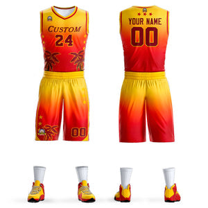 Custom Yellow Red-Dark Red Gradient Fashion Coconut Palm Pattern Sports Uniform Basketball Jersey