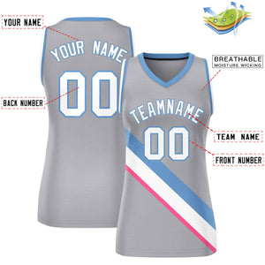 Custom Light Gray White-Light Blue Thick Slash Fashion Tops Mesh Basketball Jersey For Women