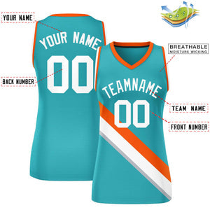 Custom Aqua Orange-White Thick Slash Fashion Tops Mesh Basketball Jersey For Women