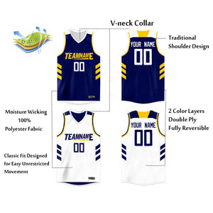 Custom White Navy-Yellow Double Side Tops Men/Boy Basketball Jersey