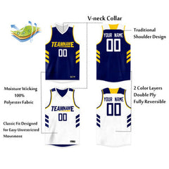 Custom White Navy-Yellow Double Side Tops Men/Boy Basketball Jersey