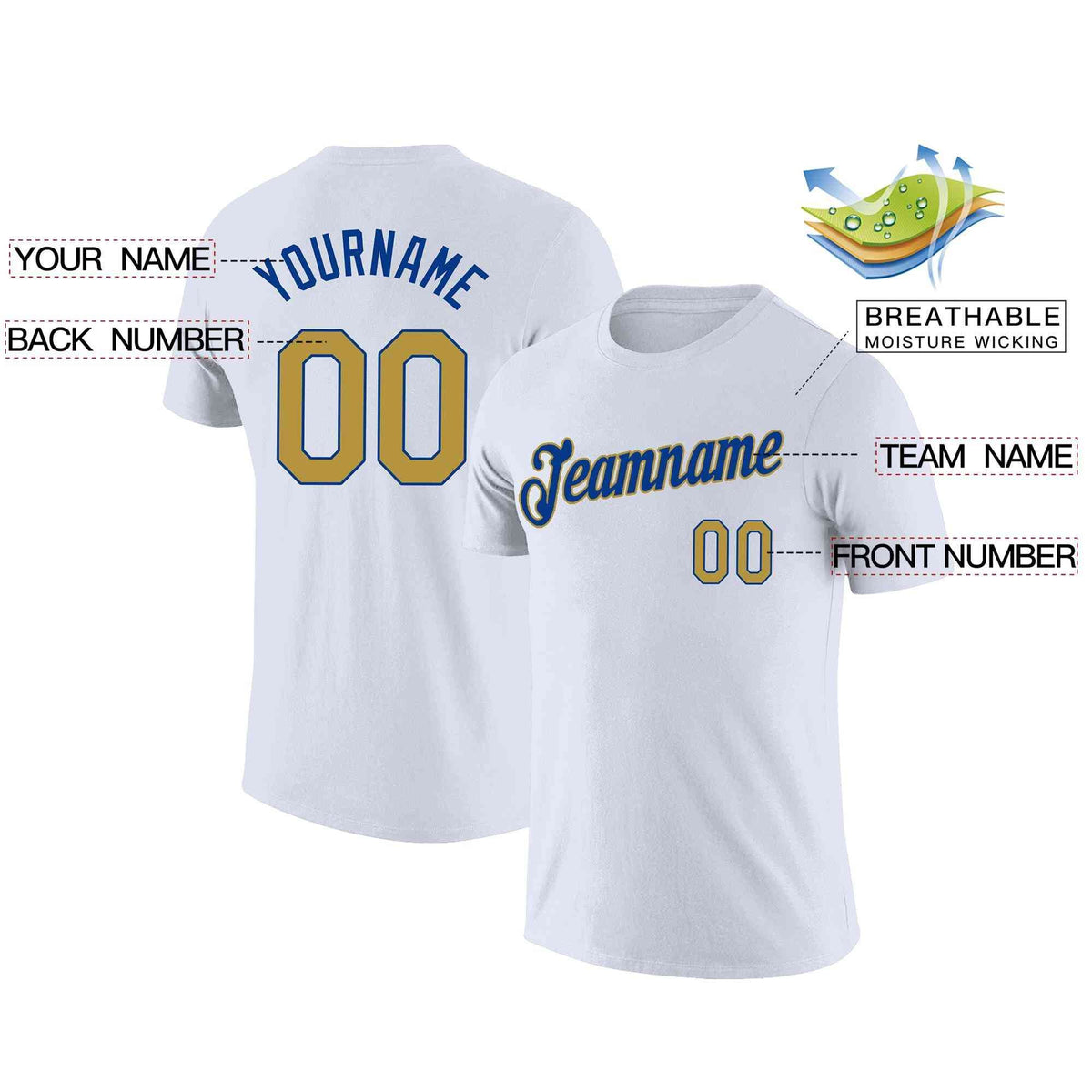 Custom White Royal-Gold Classic Style Crew neck T-Shirts Full Sublimated