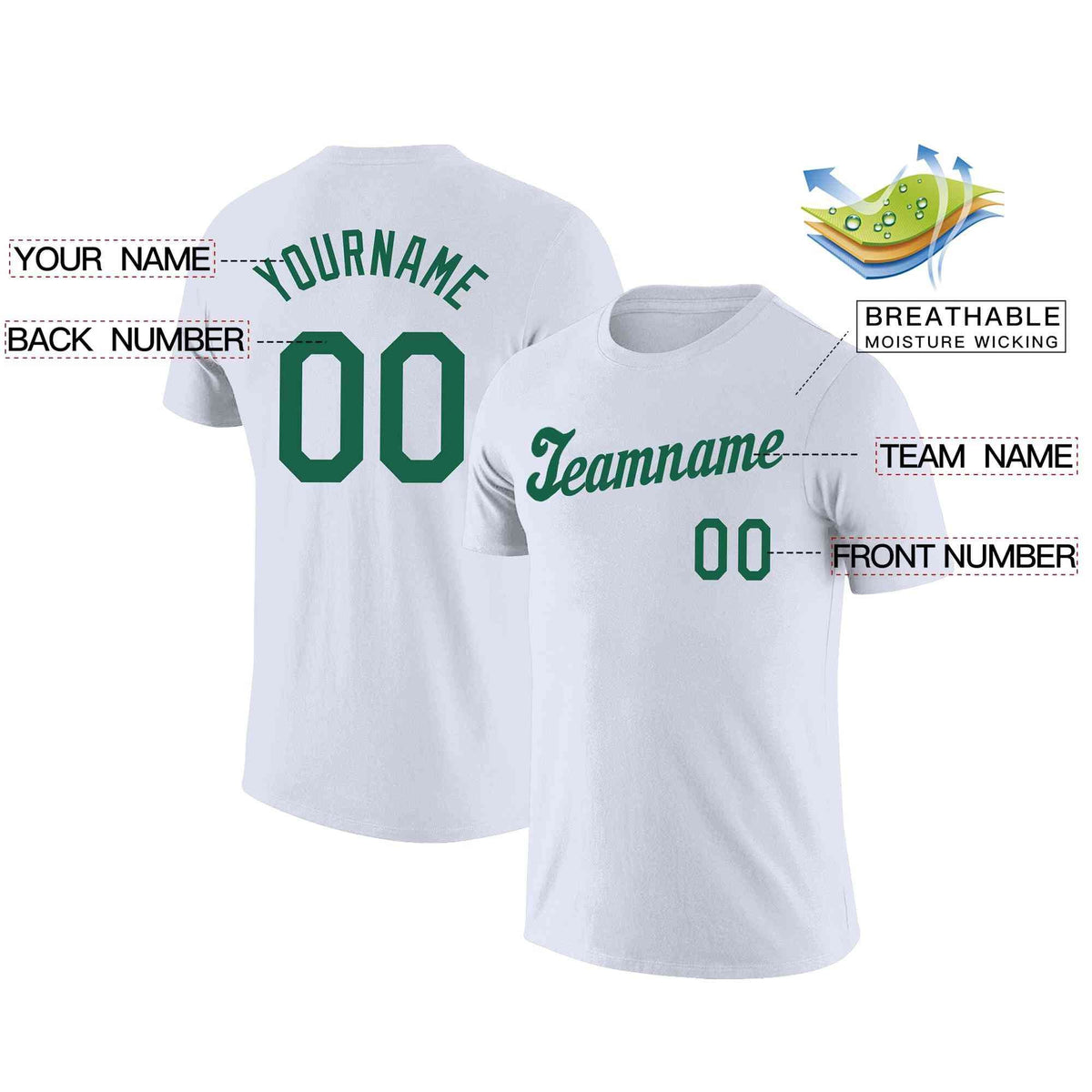 Custom White Green Classic Style Crew neck T-Shirts Full Sublimated