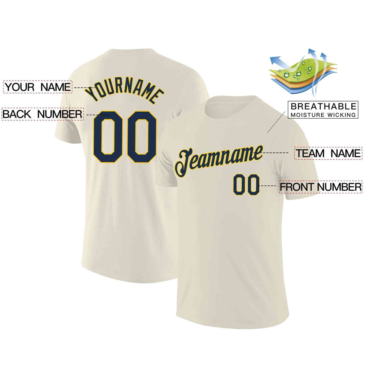 Custom Cream Navy-Yellow Classic Style Crew neck T-Shirts Full Sublimated