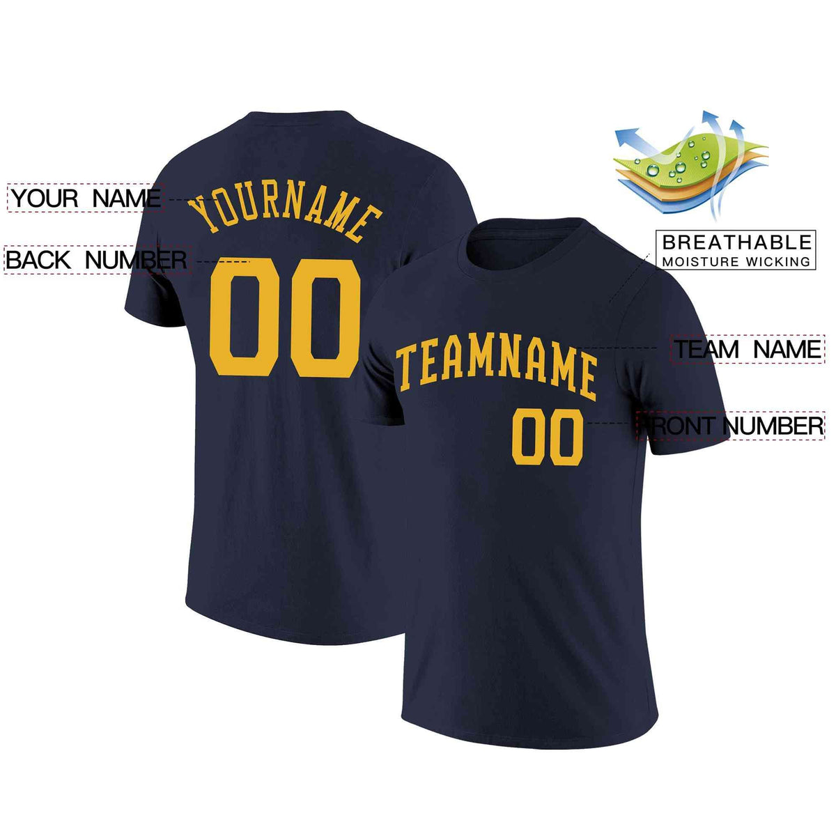 Custom Navy Yellow Classic Style Crew neck T-Shirts Full Sublimated