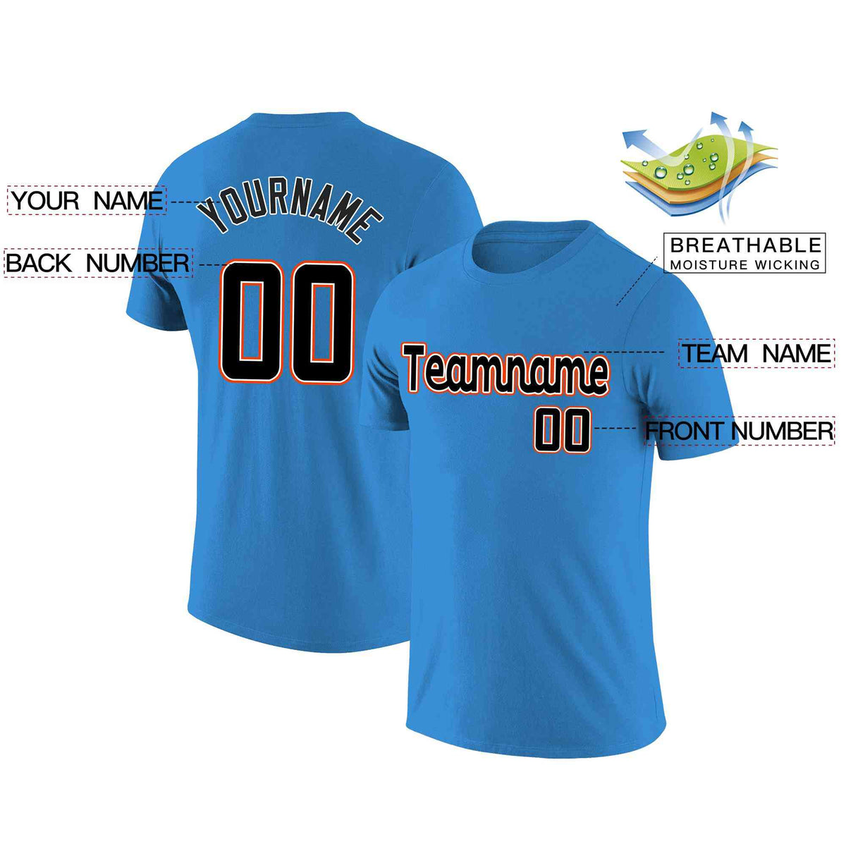 Custom Powder Blue Black-White Classic Style Crew neck T-Shirts Full Sublimated