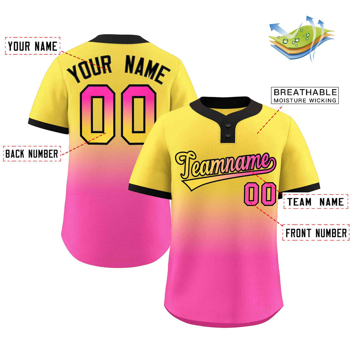 Custom Gold Pink Gold-Black Gradient Fashion Authentic Two-Button Baseball Jersey