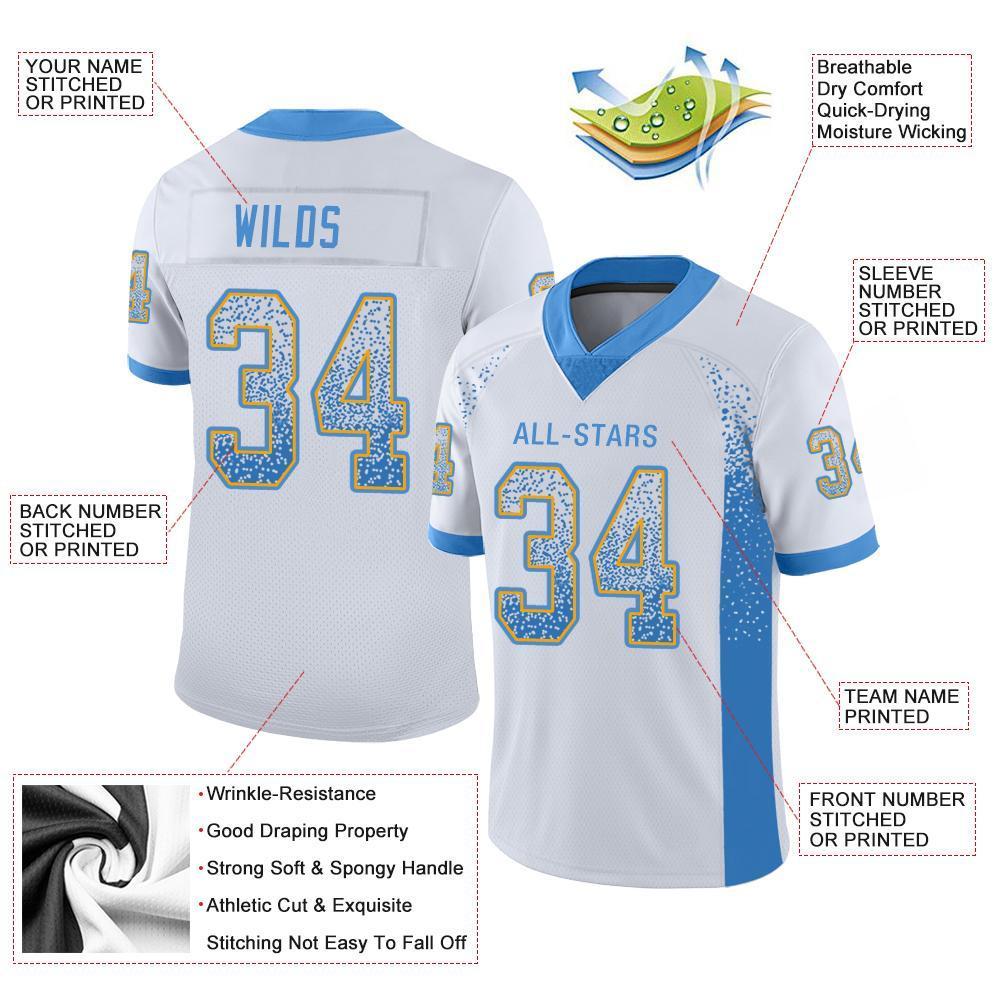 Custom White Powder Blue-Gold Drift Fashion Mesh Authentic Football Jersey