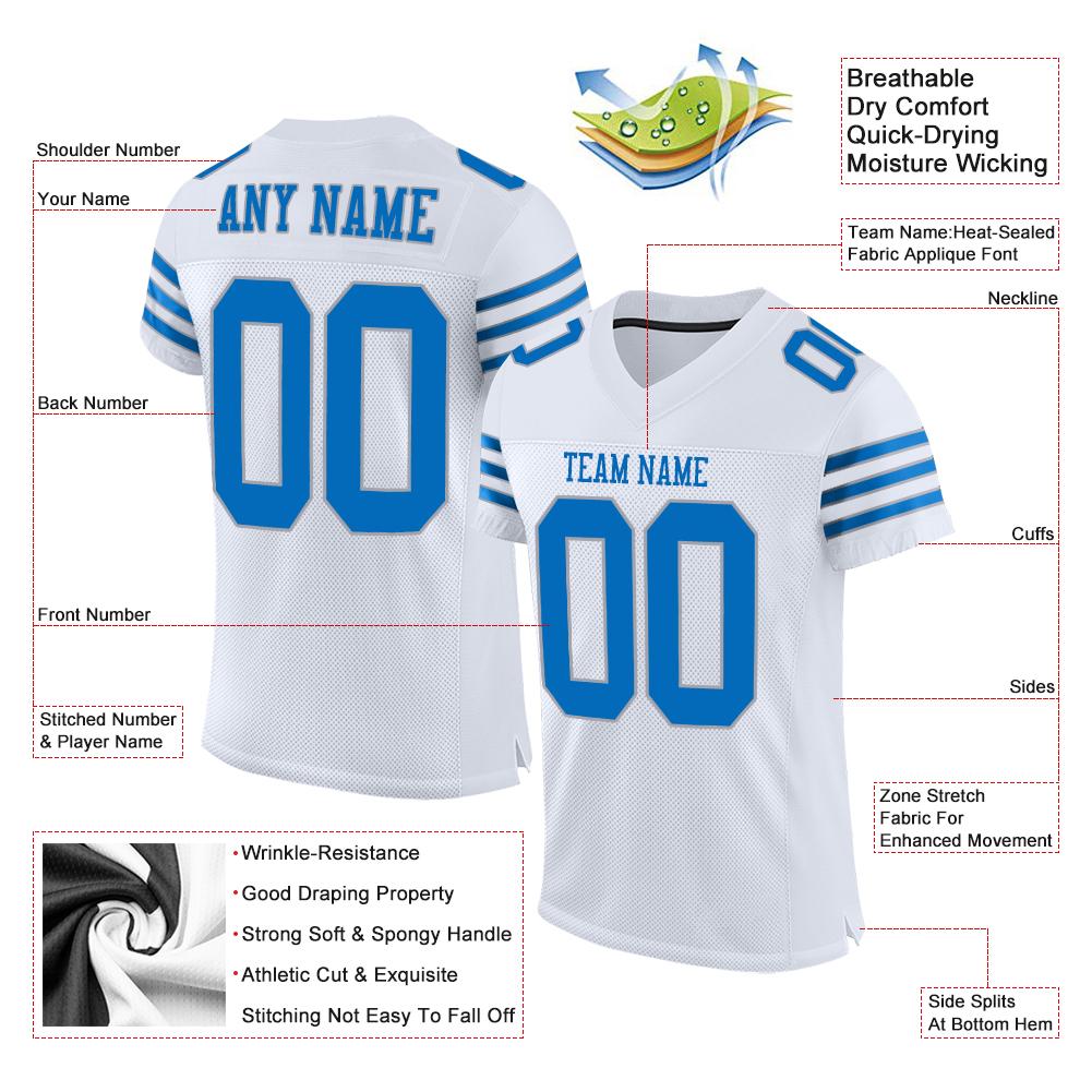 Custom White Panther Blue-Light Gray Classic Style Mesh Authentic Football Jersey